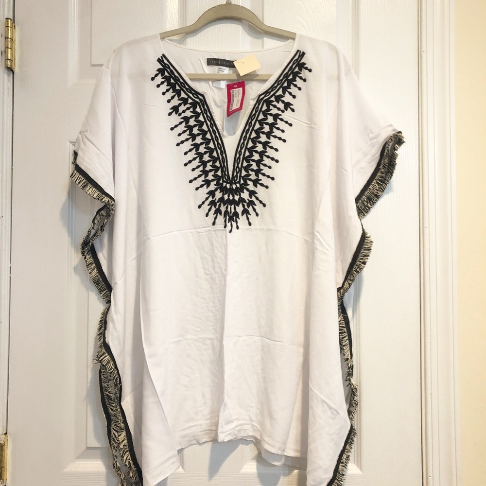 Vince Camuto White Tunic with Black Embroidery and Fringe